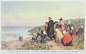 Pilgrimsfedrene, grunnleggerne av Franklins New England, ser på «Mayflower»s tilbakegang, illustrasjon fra «Lives of Great Men Told by Great Men», redigert av Richard Wilson, ca. 1920-tallet (colo